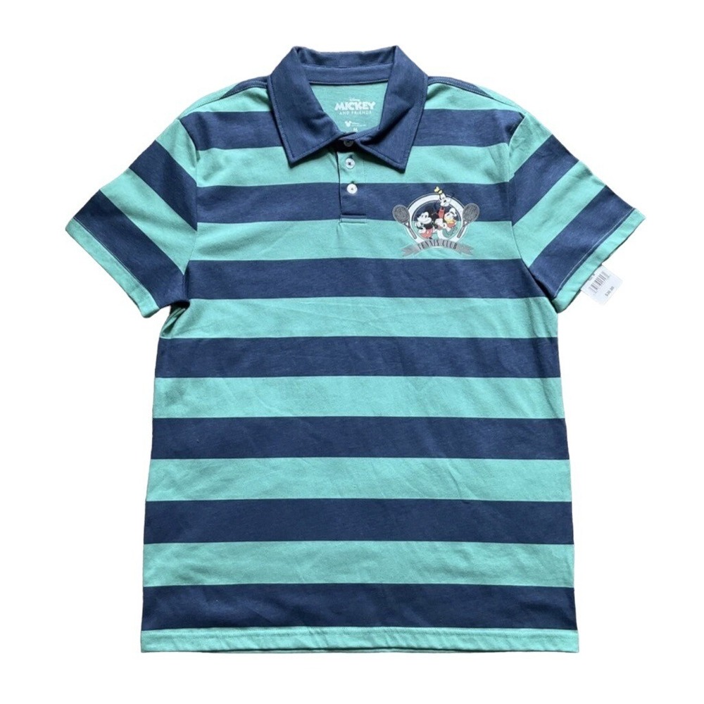 Disney Mickey Mouse Tennis Club Striped Short Sleeve Mens Size M Polo Shirt New - Picture 1 of 3
